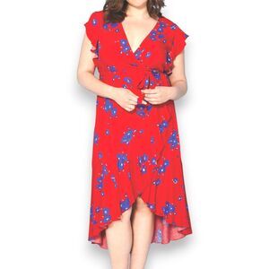NWT Ellos Plus Size 20 Red Floral Wrap Dress Ruffled High Low Hem